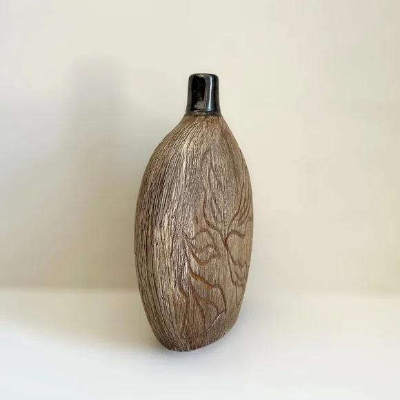 Decorative Ceramic Flat Round Brown Carved Vase - Picture 2 of 6